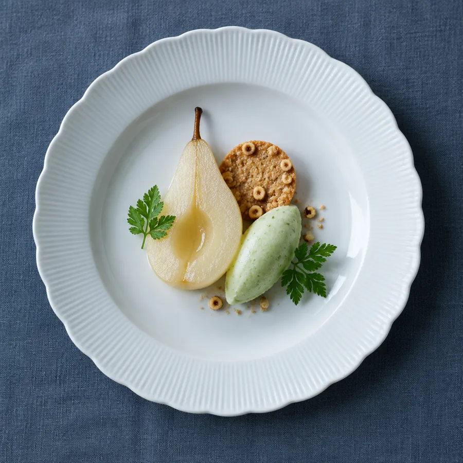 Vue du dessus : demi-poire pochée, sorbet vert pâle au cerfeuil et biscuit noisette.