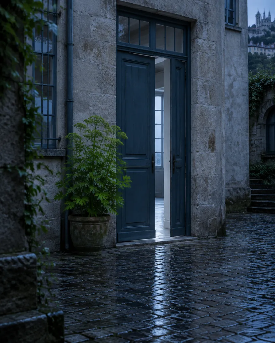 Au fond d’une cour pavée et mouillée, la haute porte bleu ardoise entrouverte, un pot de livèche à côté.