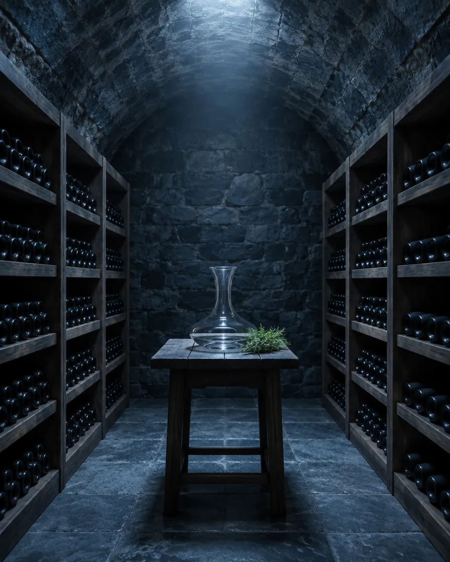 La cave voûtée en pierre, les bouteilles couchées dans leurs casiers de bois et une carafe sur une petite table.