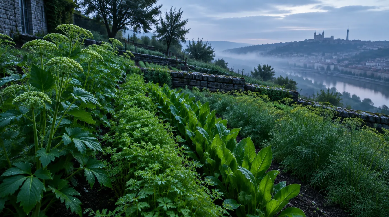 Le jardin de Livèche en terrasses à l’aube&nbsp;: rangs de livèche en fleurs, muret de pierre sèche et brume sur la colline.