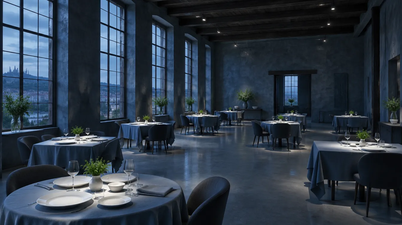 La salle de Livèche, vide avant le service : poutres sombres, très hautes fenêtres, onze tables en lin ardoise.