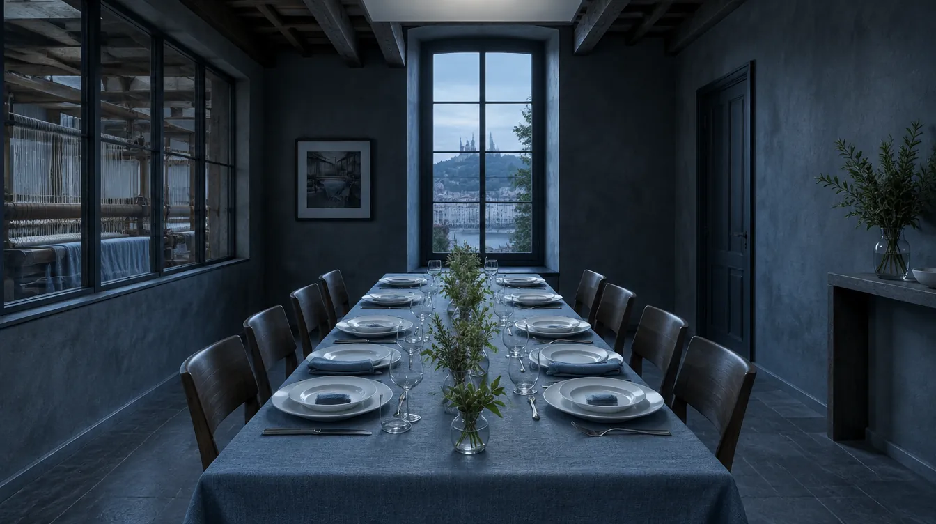 Une longue table dressée pour dix sous les poutres, des brins d’herbes en petits vases le long du lin ardoise.