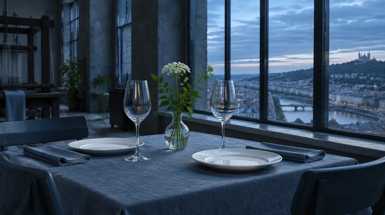 Une table de deux dressée en lin ardoise près d’une haute fenêtre, un brin de fleurs de livèche dans un petit vase.
